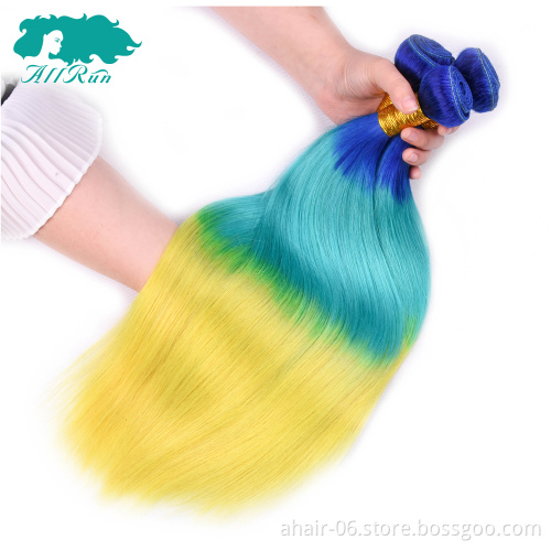 virgin remy color hair bundles, 3 tone blue/green/yellow human hair extension
